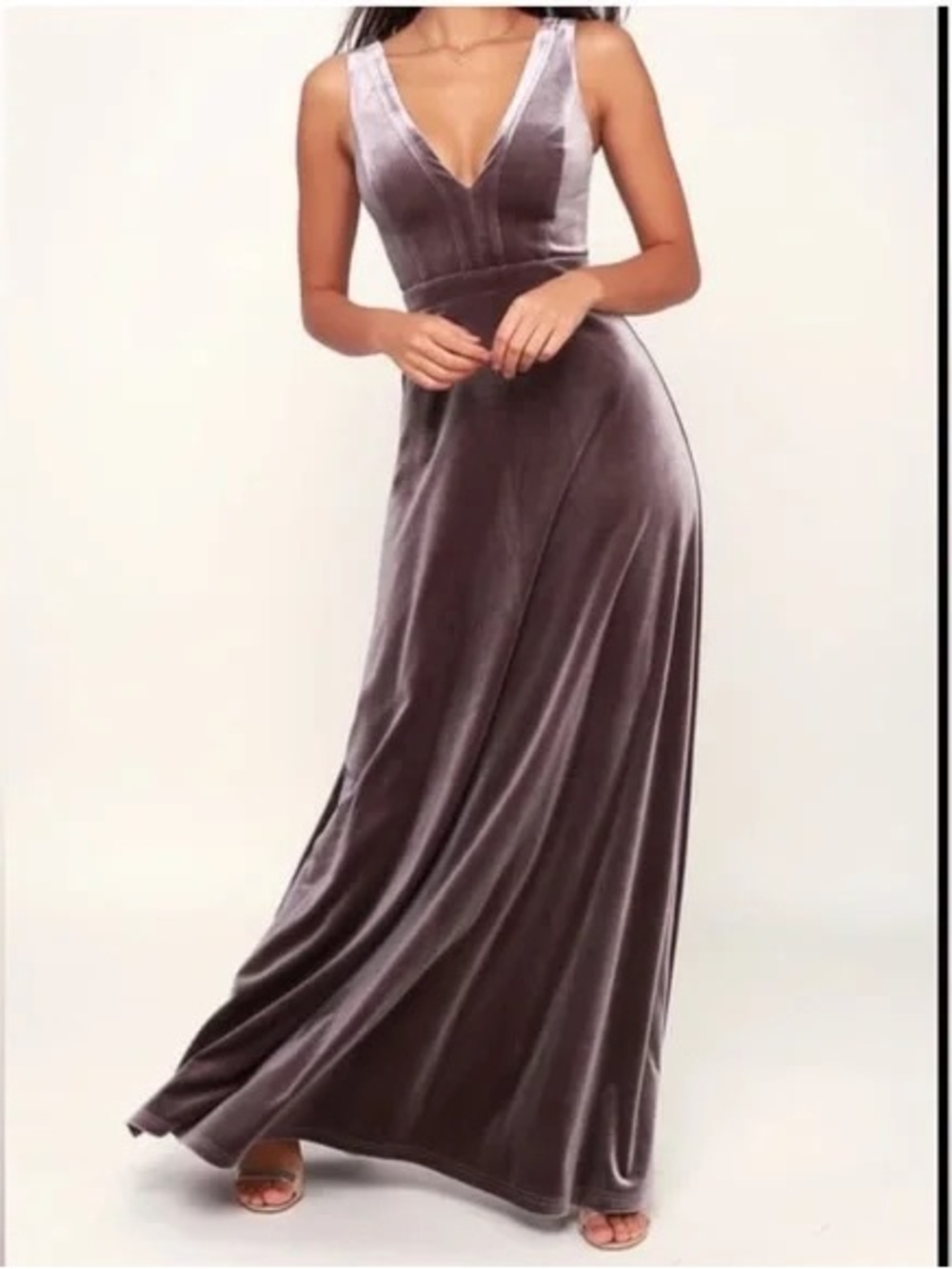 Lulu's Taupe Velvet V-Neck Maxi Dress